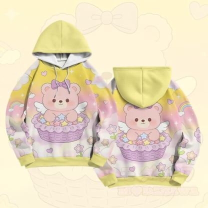 ケーキベアグラフィックModakawaカラーブロックプルオーバーパーカー - 黄色 - 6XL - image 5