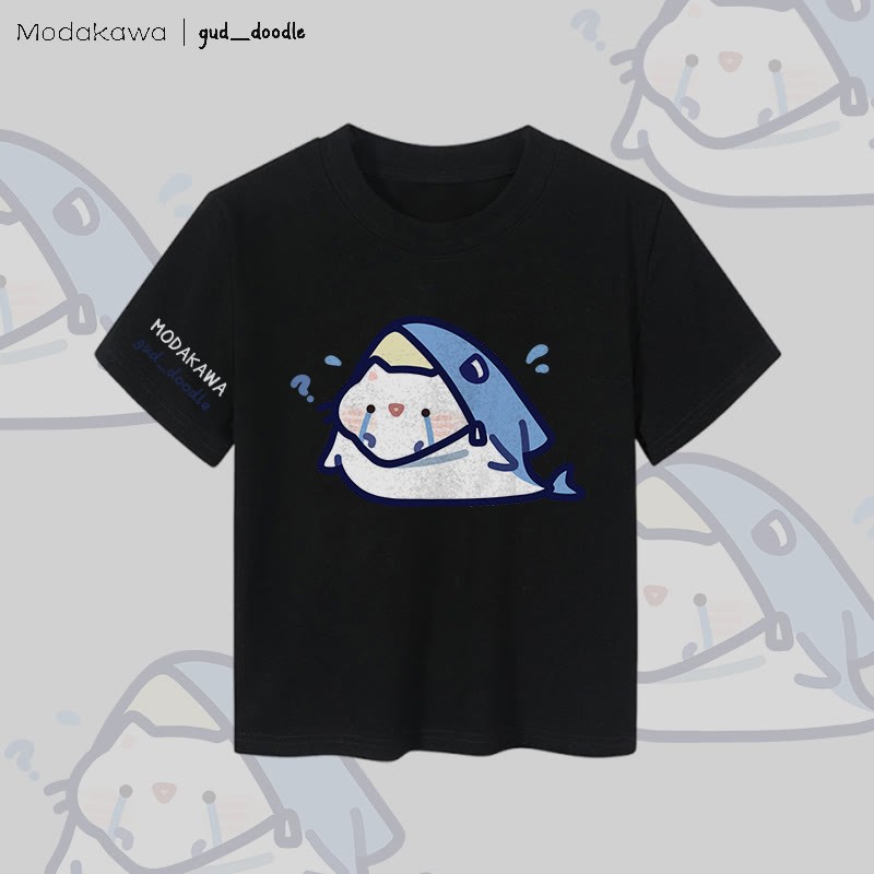 MODAKAWA X gud_doodleシャークキャットグラフィック レディース クロップドTシャツ 92% コーマ綿クロップトップ - Black - XL - image 5