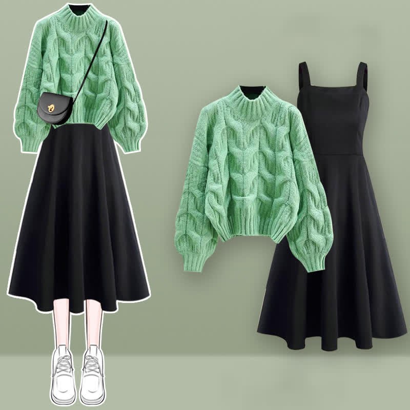 シックな純カラーケーブルセータースリップドレスのマッチングアウトフィット - Green Set - XL - image 4