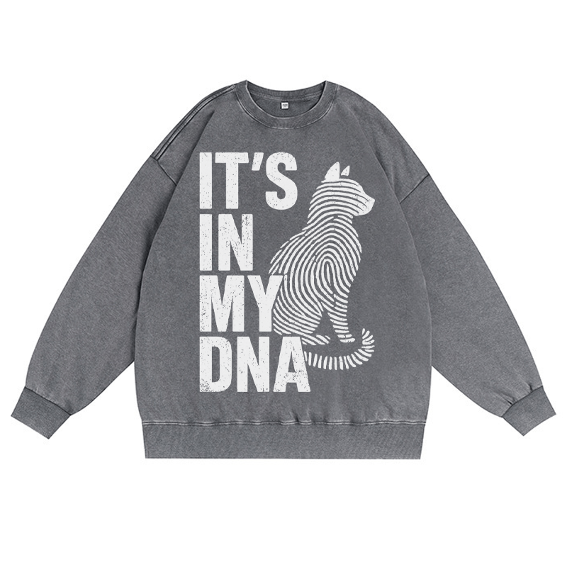 IT'S IN MY DNA 猫好き ユニセックス ヴィンテージ ウォッシュド スウェットシャツ 指紋グラフィック クルーネック プルオーバー - グレー - 3XL - image 3