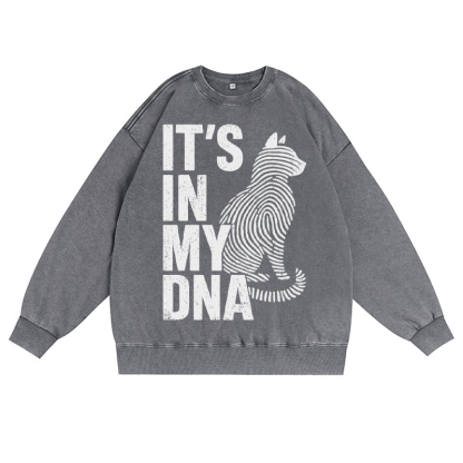 IT'S IN MY DNA 猫好き ユニセックス ヴィンテージ ウォッシュド スウェットシャツ 指紋グラフィック クルーネック プルオーバー - グレー - 3XL - image 3
