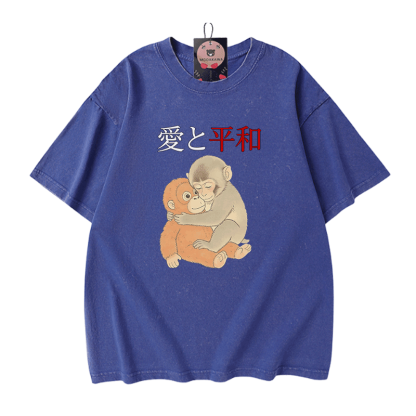 ピース・ラブ・ハグ・パンチ・モンキー・グラフィックModakawaヴィンテージウォッシュ加工綿100% Tシャツ - Blue - 5XL - image 4