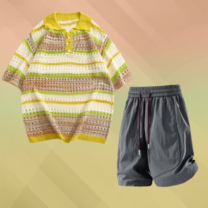 ストライプオープンニットポロシャツ 速乾ドローストリングショーツModakawaマッチングアウトフィット - Two Pieces Set F - 2XL - image 6