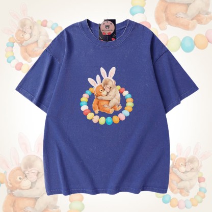 イースターエッグモンキーグラフィックModakawaユニセックス ヴィンテージウォッシュドTシャツ - Blue - 5XL - image 3