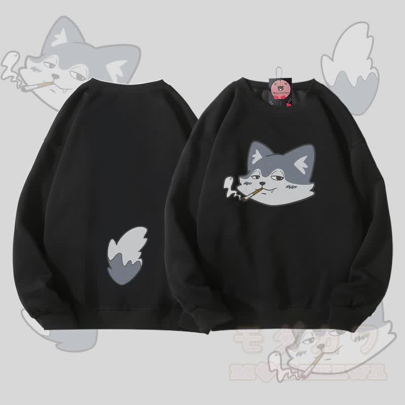 MODAKAWA スモーキングウルフフェイス＆テールグラフィック ユニセックス スウェットシャツ - 黒 - 5XL - image 4