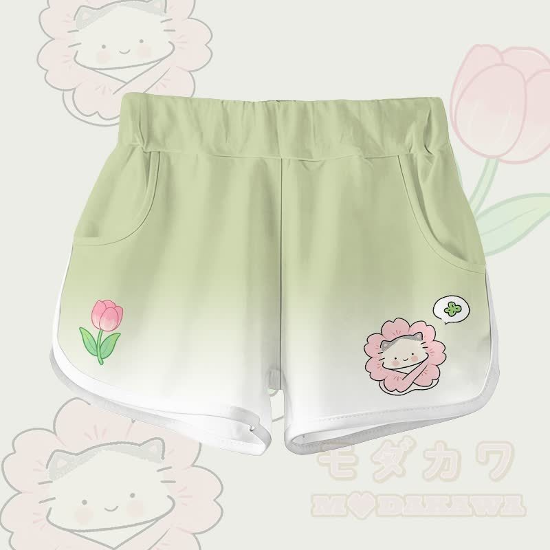 花柄猫グラフィック100%綿Tシャツ グラデーションショーツModakawaツーピースセット - ミルキーグリーンのショートパンツ - 5XL - image 5