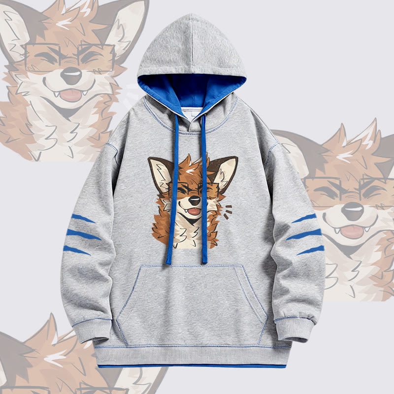 MODAKAWA X atka Fox Wearing Glasses Graphic Oversized Contrast Lining Pullover Hoodie - Grey - 4XL - image 3