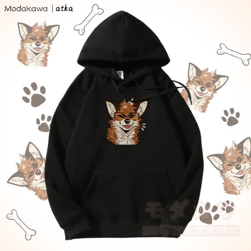 眼鏡をかけたキツネのグラフィック フリース裏地パーカー - 黒 - 5XL - image 9