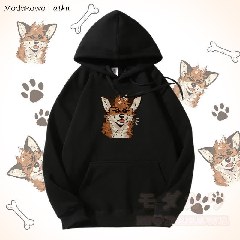 眼鏡をかけたキツネのグラフィック フリース裏地パーカー - 黒 - 5XL - image 9