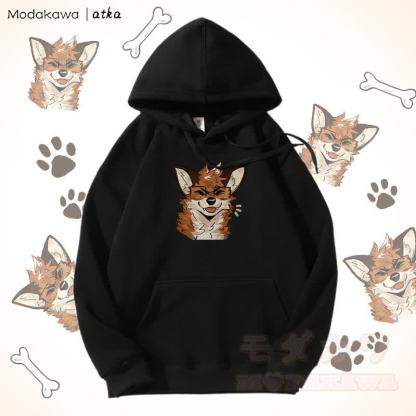 眼鏡をかけたキツネのグラフィック フリース裏地パーカー - 黒 - 5XL - image 9