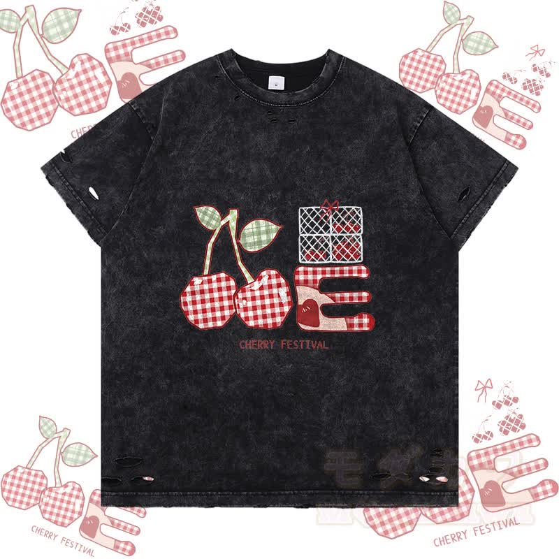 チェック柄チェリーグラフィックModakawaリップドTシャツ - 黒 - 2XL - image 4