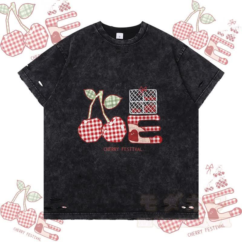 チェック柄チェリーグラフィックModakawaリップドTシャツ - 黒 - 2XL - image 4