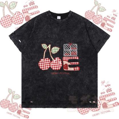 チェック柄チェリーグラフィックModakawaリップドTシャツ - 黒 - 2XL - image 4