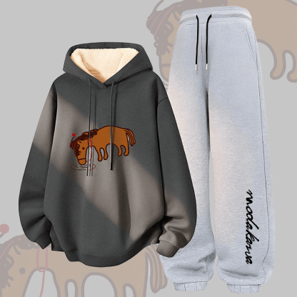 MODAKAWA Thirsty Horse グラフィック 厚手裏起毛 フーディーパンツ 2点セット - Dark Grey&Grey - 5XL - image 2