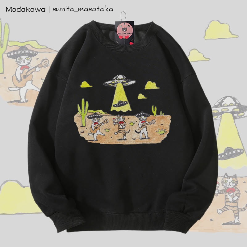 MODAKAWA X sumita_masataka キャットバンドとUFOグラフィック ユニセックス スウェットシャツ - Black - 5XL - image 5