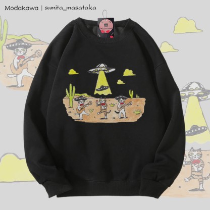 MODAKAWA X sumita_masataka キャットバンドとUFOグラフィック ユニセックス スウェットシャツ - Black - 5XL - image 5