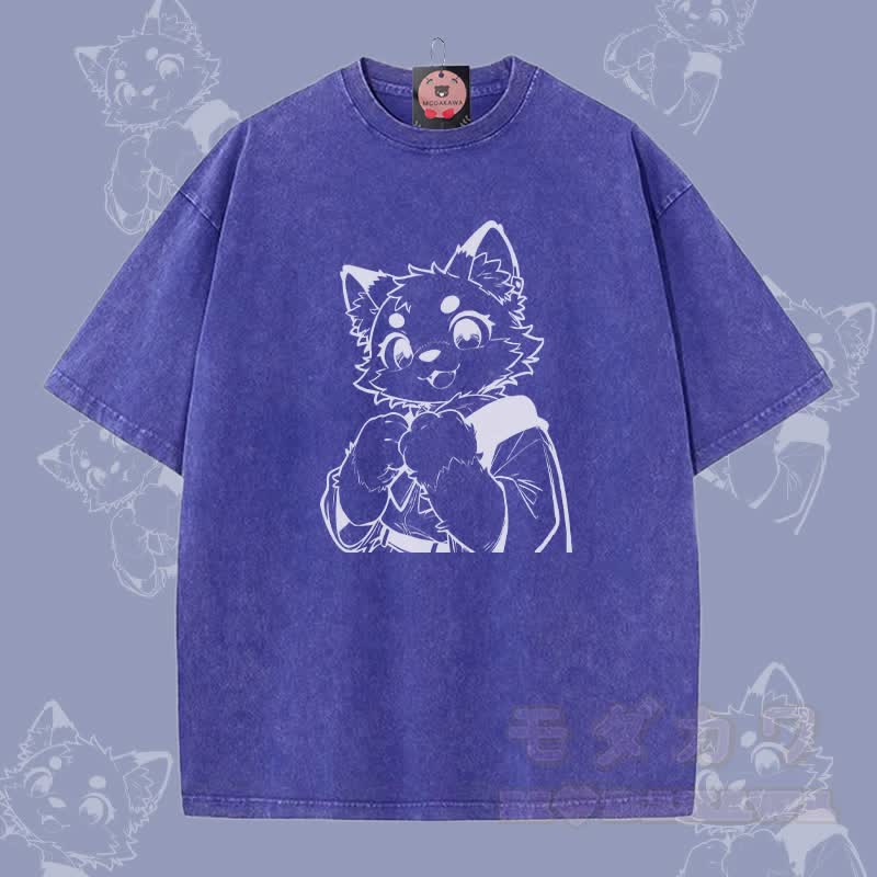 MODAKAWA キュートな猫の足跡グラフィック ユニセックス ヴィンテージウォッシュTシャツ - 青 - 5XL - image 3