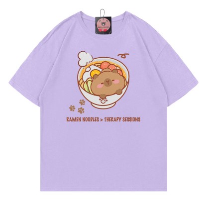 ラーメンヌードルセラピーセッション カピバラプリント100%綿ModakawaTシャツ - Purple - 5XL - image 3