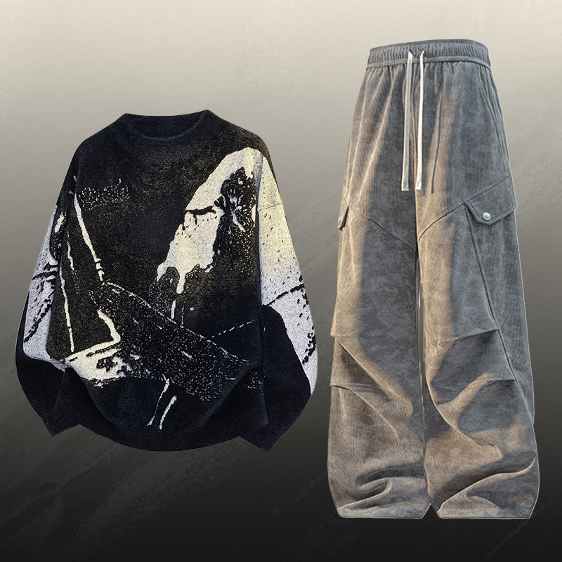 ヴィンテージニットセーターカーゴパンツツーピース - Set C - 3XL - image 3