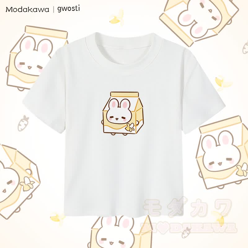 MODAKAWA X gwosti ブナナミルク グラフィック レディース クロップドTシャツ 92% コーマ綿クロップトップ - 白 - XL - image 4