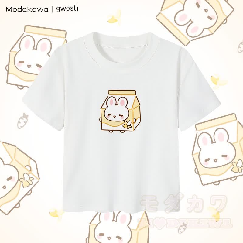 MODAKAWA X gwosti ブナナミルク グラフィック レディース クロップドTシャツ 92% コーマ綿クロップトップ - 白 - XL - image 4
