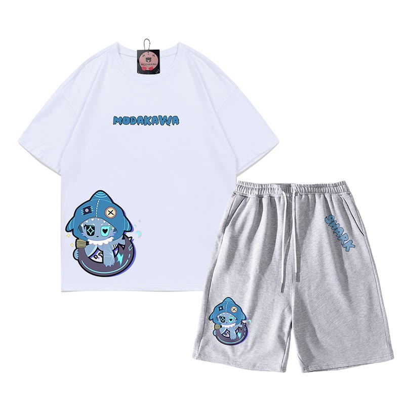 遊び心のあるサメのグラフィックがダークな美的Tシャツとショーツの2点セット - ホワイト＆グレー - B - 5XL - image 11