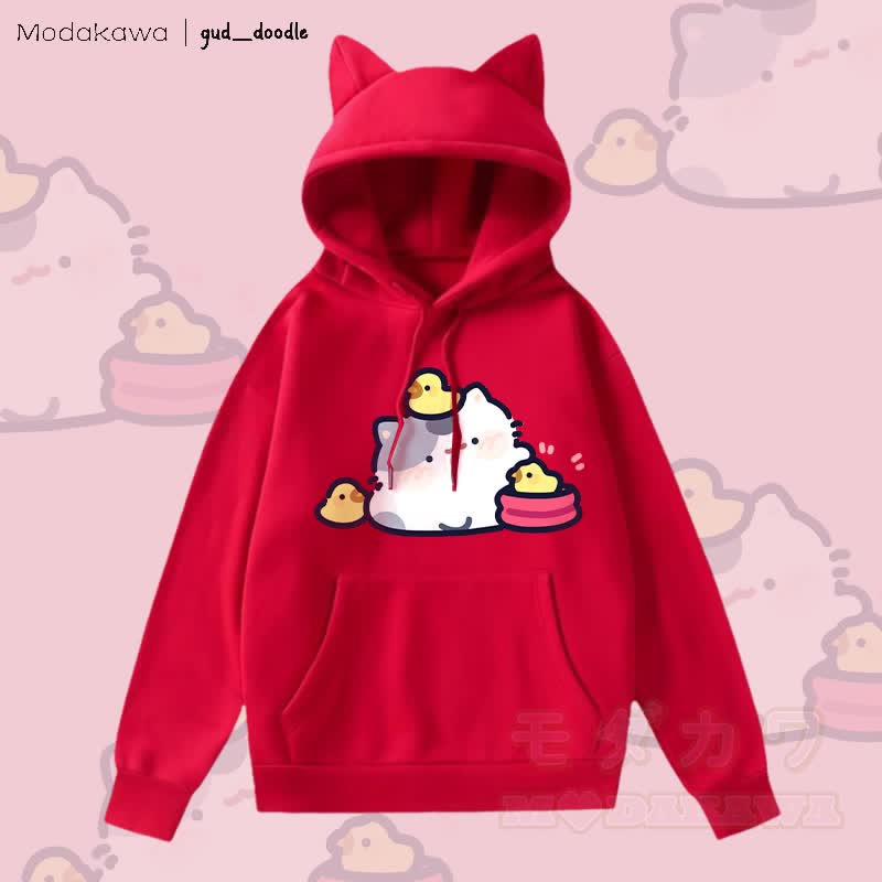 MODAKAWA x gud_doodleキティひよこグラフィックポケット付きフリース裏地パーカー（猫耳付き） - 赤 - 2XL - image 3