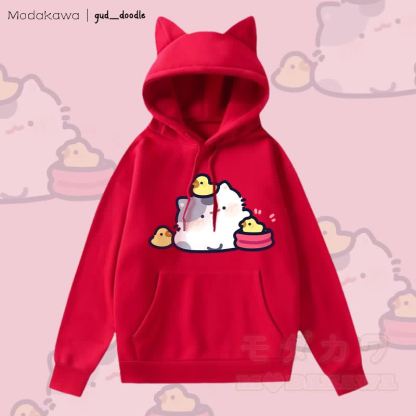 MODAKAWA x gud_doodleキティひよこグラフィックポケット付きフリース裏地パーカー（猫耳付き） - 赤 - 2XL - image 3