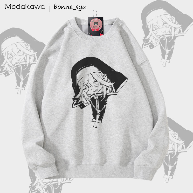 MODAKAWA X bonne_syu ゴシック ヌン グラフィック ユニセックス スウェットシャツ - Grey - 5XL - image 3