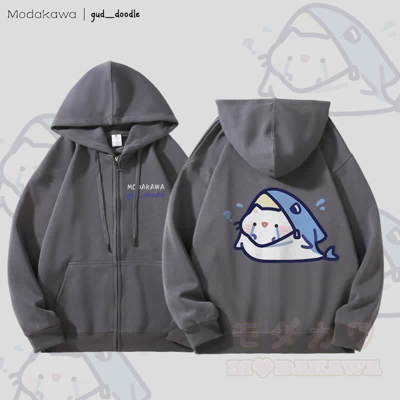 MODAKAWA X gud_doodleキティシャークグラフィック フリース裏地 ジップアップ パーカー スウェットシャツ - ダークグレー - 5XL - image 3