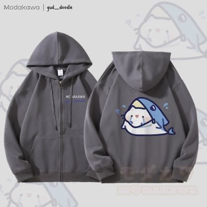 MODAKAWA X gud_doodleキティシャークグラフィック フリース裏地 ジップアップ パーカー スウェットシャツ - ダークグレー - 5XL - image 3