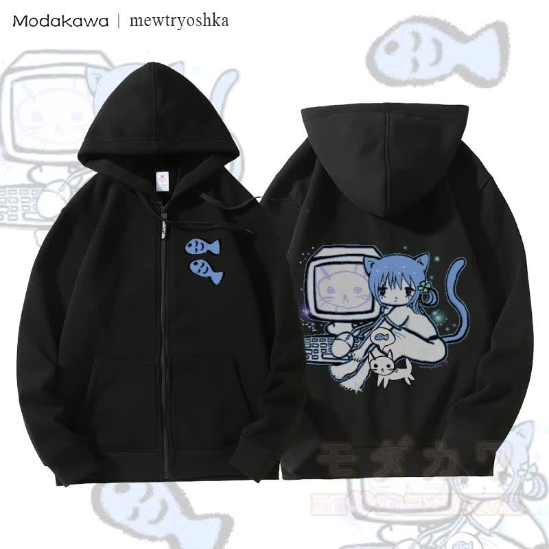 MODAKAWA X mewtryoshka キャットガール コンピューターグラフィック 裏起毛 ジップアップ パーカー スウェットシャツ - 黒 - 5XL - image 3