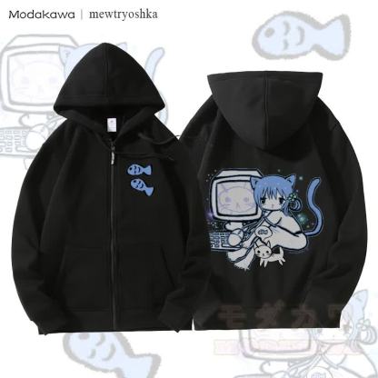 MODAKAWA X mewtryoshka キャットガール コンピューターグラフィック 裏起毛 ジップアップ パーカー スウェットシャツ - 黒 - 5XL - image 3