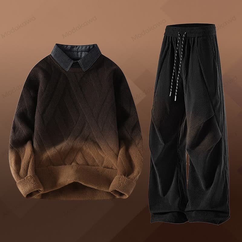 フェイクレイヤードニットセーター コーデュロイパンツ ツーピース - セットH - 3XL - image 8