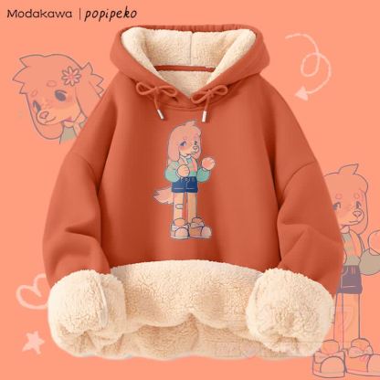 MODAKAWA X popipeko キュートな子犬のグラフィック 厚手裏起毛冬パーカー - オレンジA - 2XL - image 3