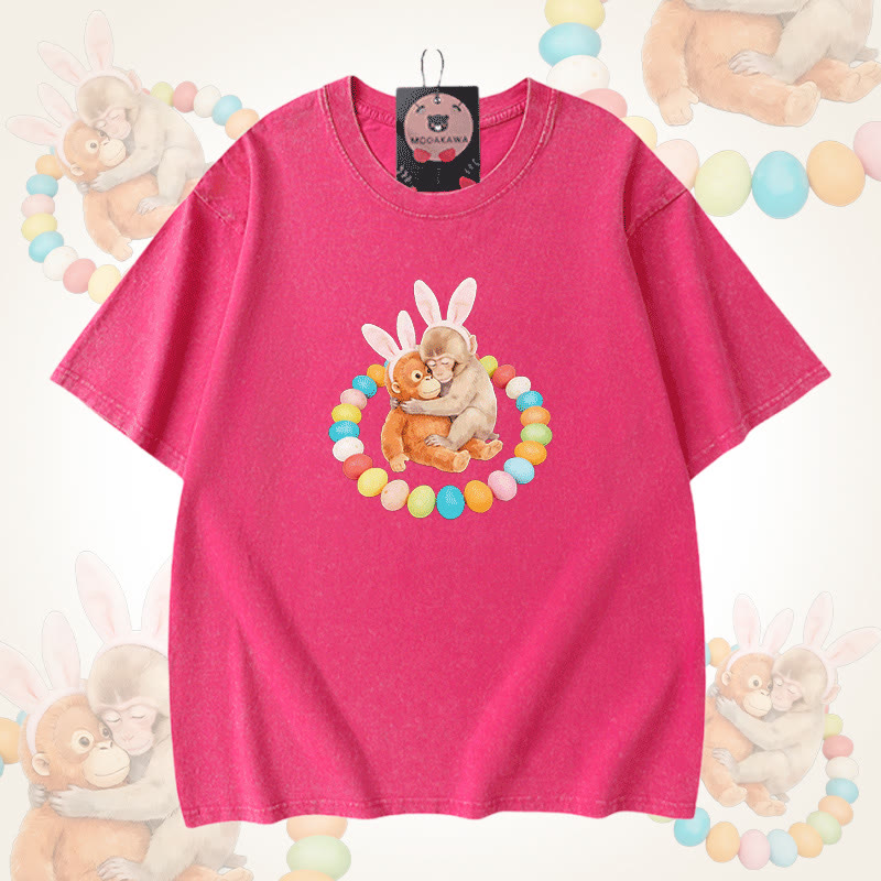 イースターエッグモンキーグラフィックModakawaユニセックス ヴィンテージウォッシュドTシャツ - Rose Red - 5XL - image 8