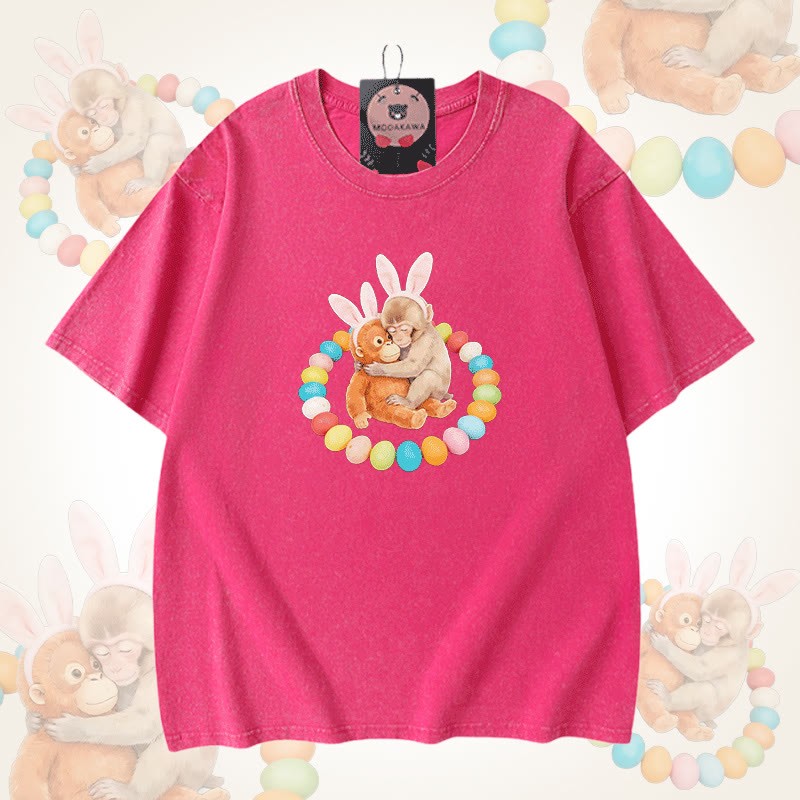 イースターエッグモンキーグラフィックModakawaユニセックス ヴィンテージウォッシュドTシャツ - Rose Red - 5XL - image 8