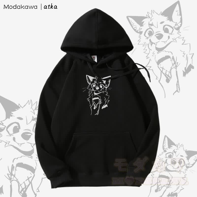 キツネがアイスクリームを食べるグラフィック フリース裏地パーカー - 黒 - 5XL - image 7