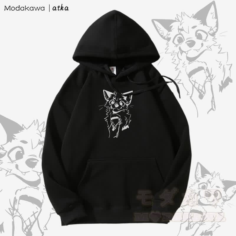 キツネがアイスクリームを食べるグラフィック フリース裏地パーカー - 黒 - 5XL - image 7