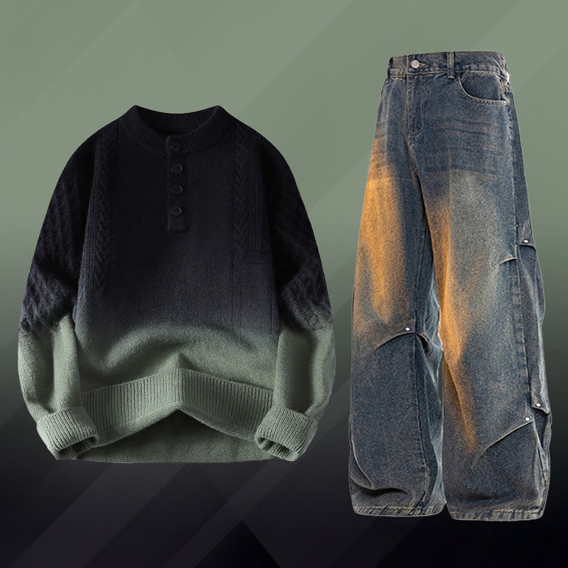 グラデーションケーブルニットセーター デニムパンツ ツーピース - Set F - 3XL - image 6