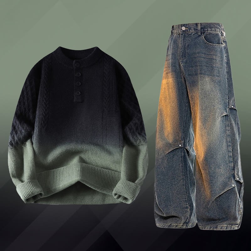 グラデーションケーブルニットセーター デニムパンツ ツーピース - Set F - 3XL - image 6