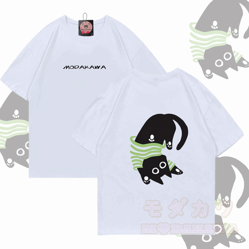 逆さまの黒猫グラフィックModakawa綿Tシャツ - 白 - 5XL - image 3