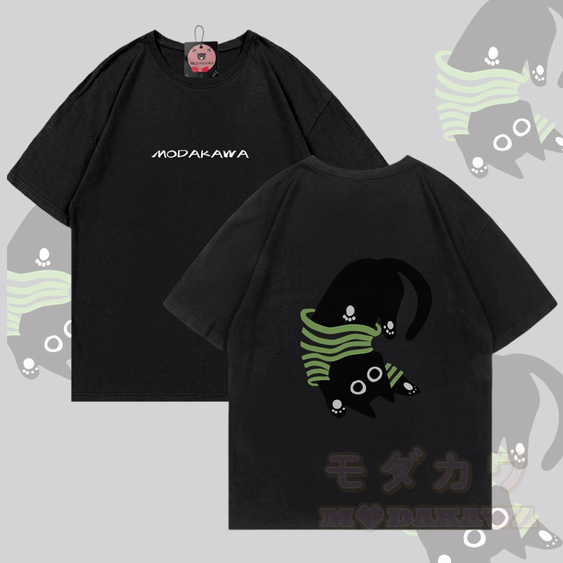 逆さまの黒猫グラフィックModakawa綿Tシャツ - 黒 - 5XL - image 4