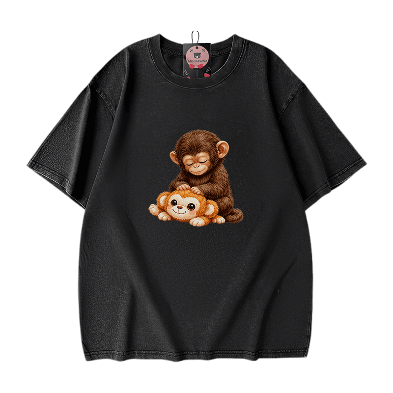 PUNCH モンキーグラフィックModakawaヴィンテージウォッシュ加工100%綿Tシャツ - Black - 5XL - image 3