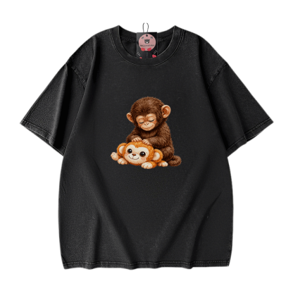 PUNCH モンキーグラフィックModakawaヴィンテージウォッシュ加工100%綿Tシャツ - Black - 5XL - image 3