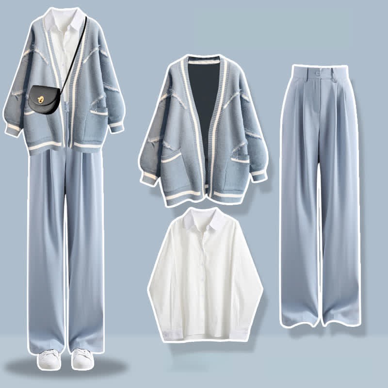 文字刺繍カーディガン、セーター、ラペルシャツ、デニムパンツのマッチング衣装 - Set D - XL - image 4