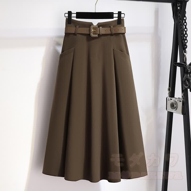 3Dフラワーニットセーターベルトスカートツーピース - スカート - XL - image 4