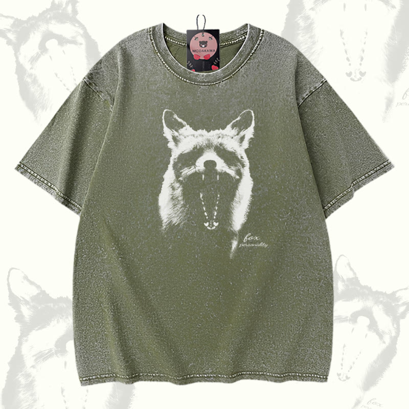 Roaring Fox グラフィックModakawaユニセックス ヴィンテージウォッシュド Tシャツ - Green - 5XL - image 4