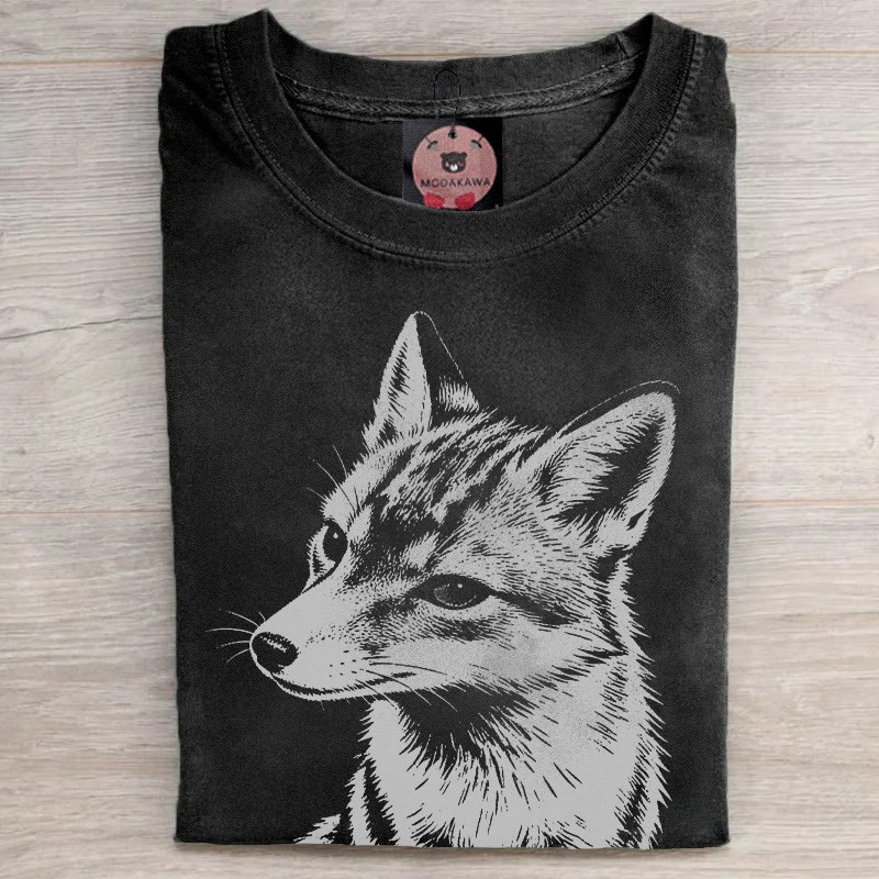 MODAKAWA キツネ柄 ユニセックス ヴィンテージウォッシュ加工Tシャツ - Black - 5XL - image 2
