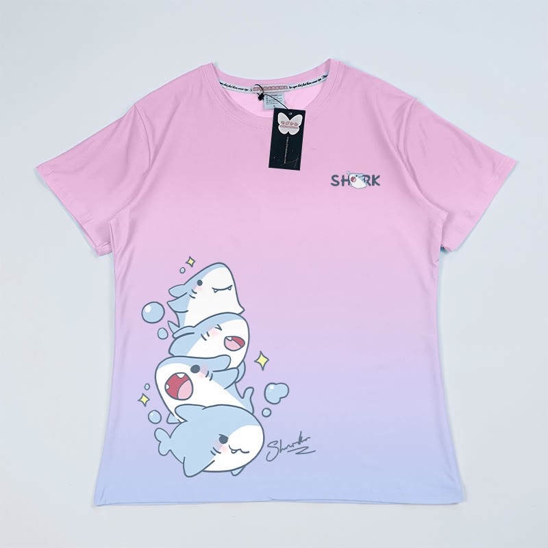 グラデーションスタックシャークグラフィックTシャツ - Pink&Blue - 5XL - image 5